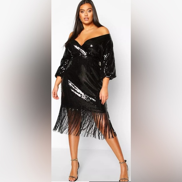 Boohoo Plus Size Sequin Faux Wrap Fringe Long Sleeve Boho MIDI - Picture 1 of 14
